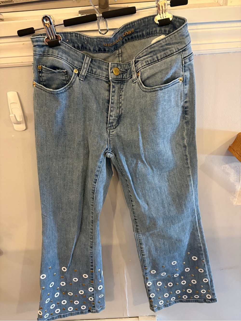 Michael Kors cropped Light Blue Denim Wide-Leg Jeans with Eyelet Hem